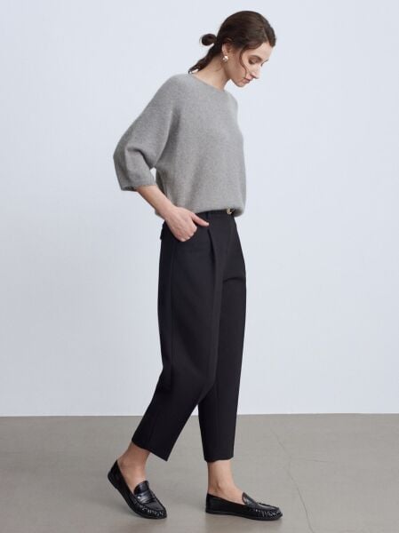 Kemerli Pensli Kumaş Pantolon-Siyah