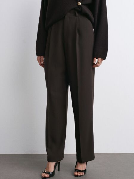 Yüksek Bel Pileli Palazzo Pantolon-Koyu Kahve