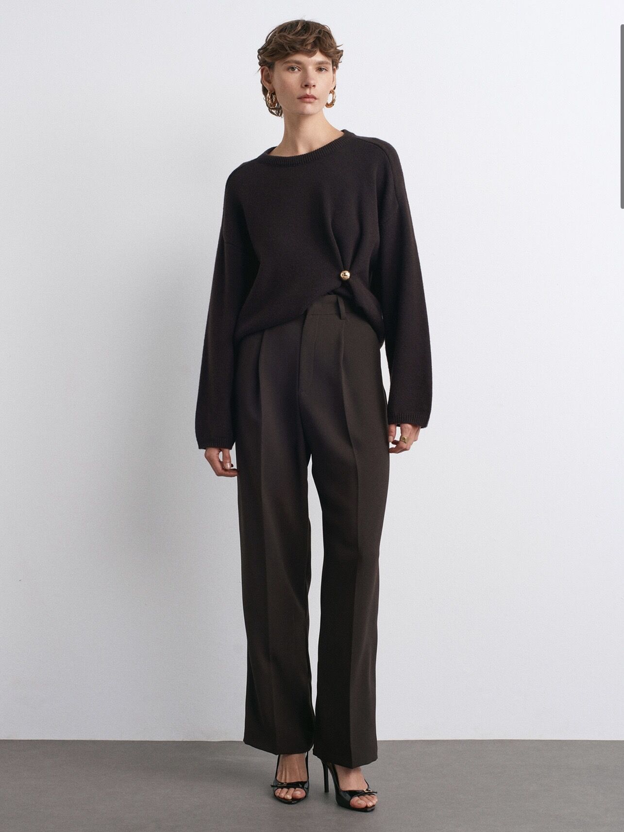 Yüksek Bel Pileli Palazzo Pantolon-Koyu Kahve