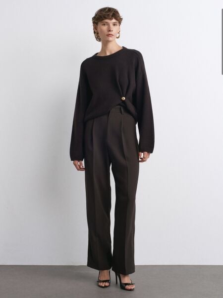 Yüksek Bel Pileli Palazzo Pantolon-Koyu Kahve