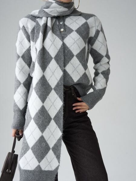 Polo Yaka Baklava Desenli Atkılı Kazak-gri