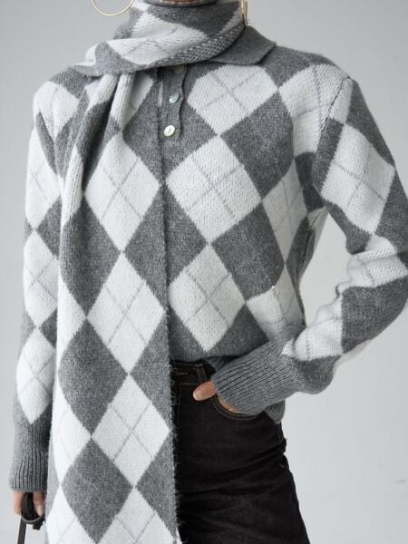 Polo Yaka Baklava Desenli Atkılı Kazak-gri