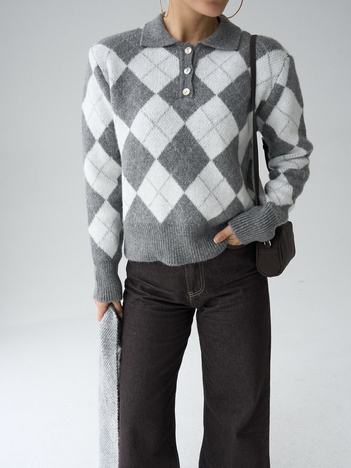 Polo Yaka Baklava Desenli Atkılı Kazak-gri