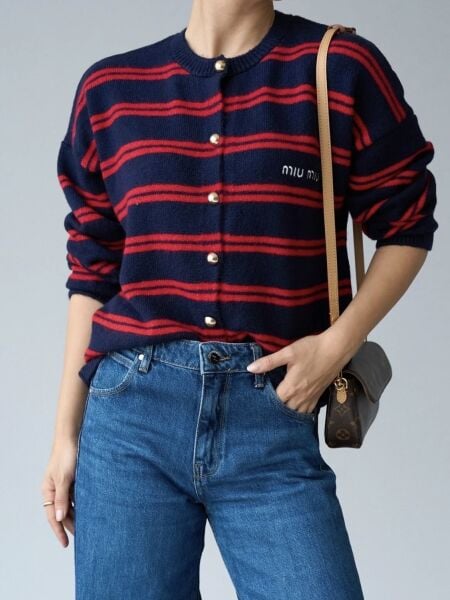 Yazı Nakışlı Çizgili Gold Düğmeli Hırka- lacivert