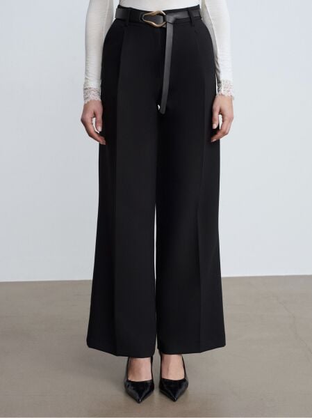 Pensli Kemerli Kumaş Pantolon-Siyah