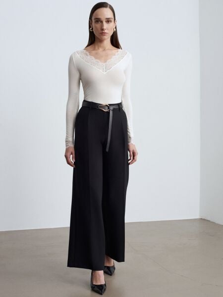 Pensli Kemerli Kumaş Pantolon-Siyah