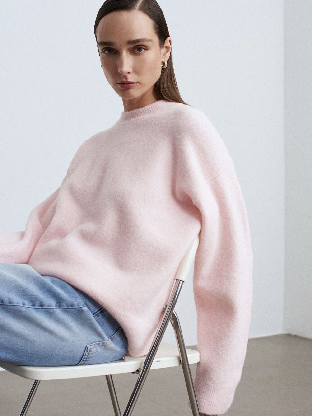 Bisiklet Yaka Yumuşak Dokulu Kazak-Şeker Pembe