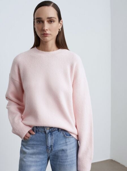 Bisiklet Yaka Yumuşak Dokulu Kazak-Şeker Pembe