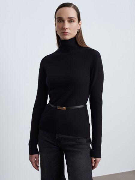 Kaşmir Karışımlı Kemerli Kazak-Siyah