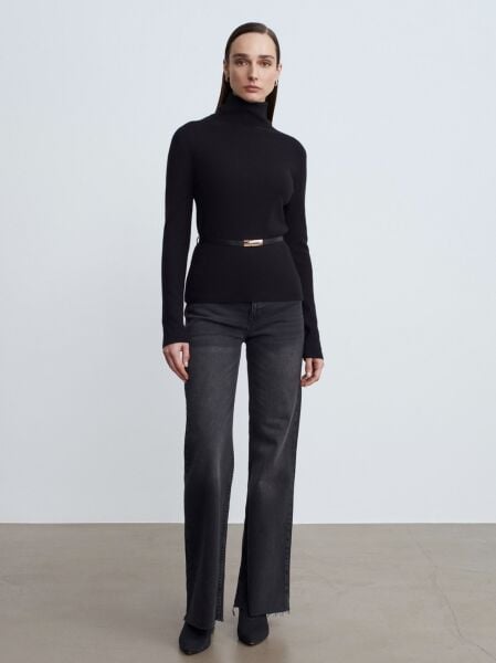 Kaşmir Karışımlı Kemerli Kazak-Siyah