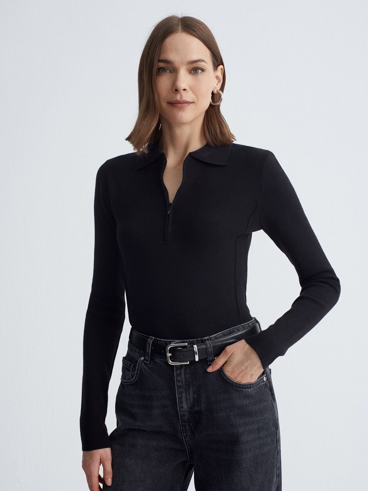 Kaşmir Karışımlı Fermuarlı Kazak-Siyah