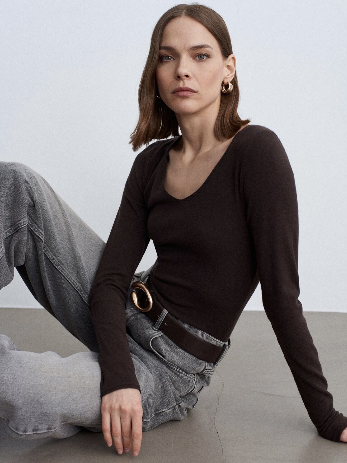 V Yaka Kaşmir Karışımlı Kazak-Koyu Kahve