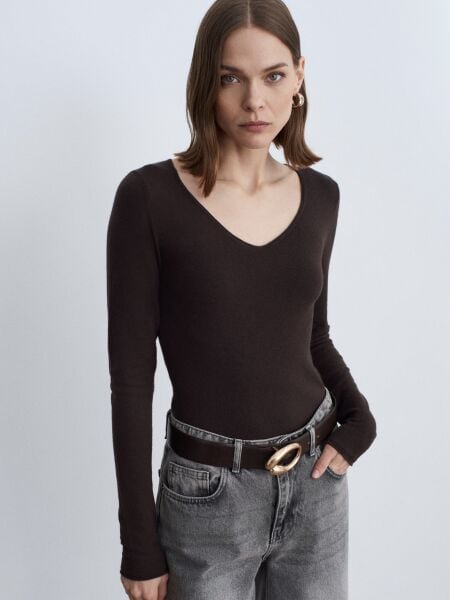 V Yaka Kaşmir Karışımlı Kazak-Koyu Kahve