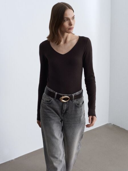 V Yaka Kaşmir Karışımlı Kazak-Koyu Kahve