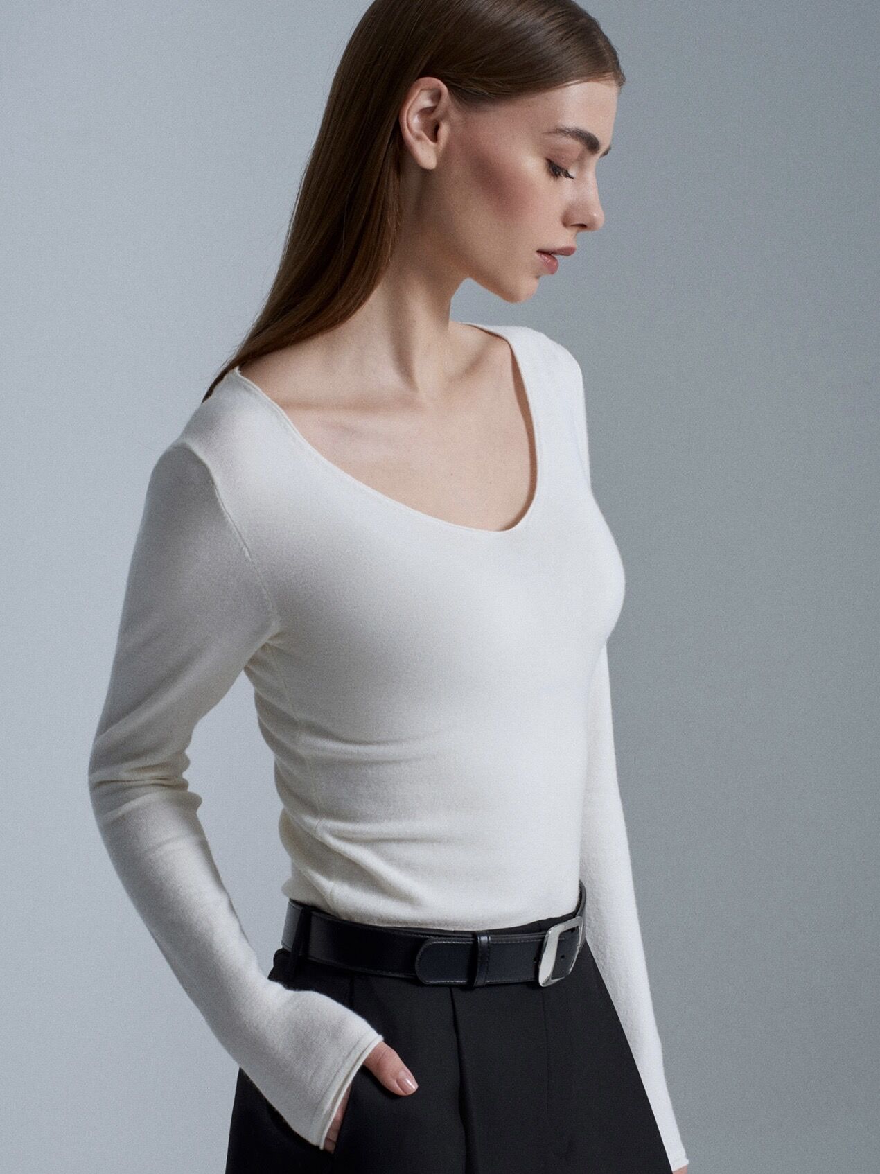 V Yaka Kaşmir Karışımlı Kazak-Ekru