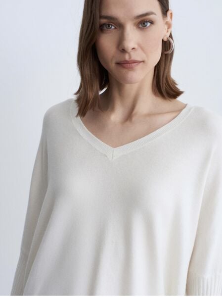 V Yaka Kaşmir Karışımlı Kazak-Ekru