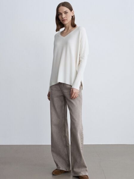 V Yaka Kaşmir Karışımlı Kazak-Ekru