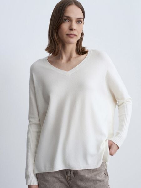 V Yaka Kaşmir Karışımlı Kazak-Ekru