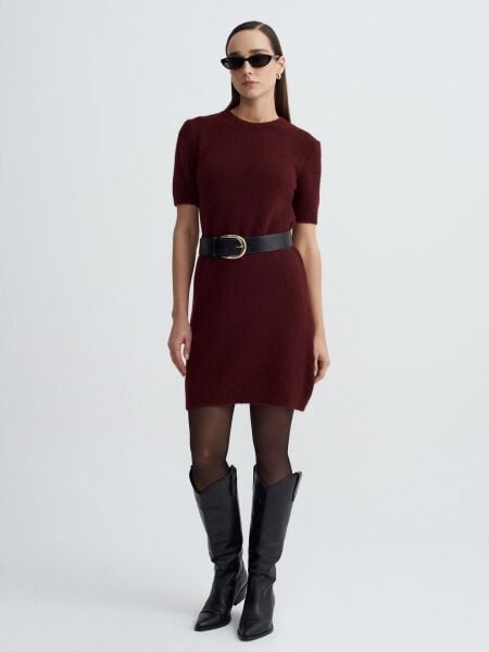 Bisiklet Yaka Yün Karışımlı Triko Elbise-Orta Bordo