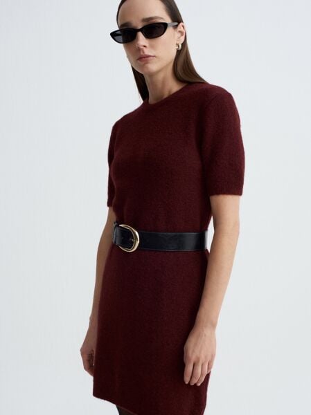 Bisiklet Yaka Yün Karışımlı Triko Elbise-Orta Bordo