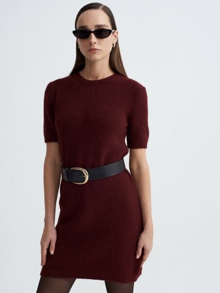 Bisiklet Yaka Yün Karışımlı Triko Elbise-Orta Bordo