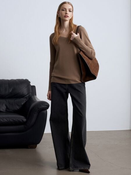 V Yaka Kaşmir Karışımlı Kazak-Koyu Vizon