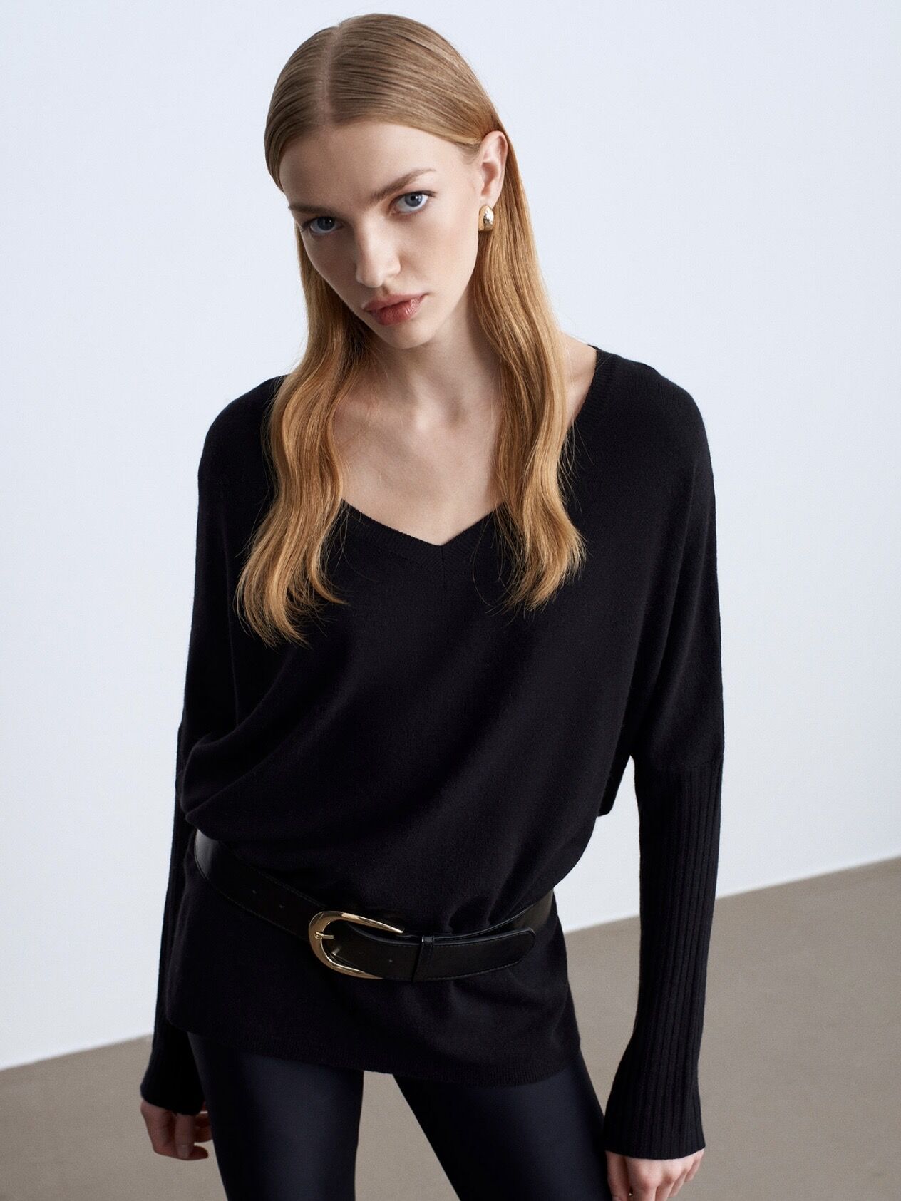 V Yaka Kaşmir Karışımlı Kazak-Siyah