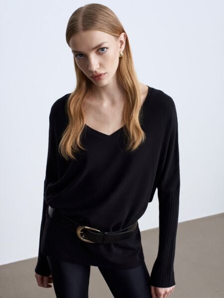 V Yaka Kaşmir Karışımlı Kazak-Siyah