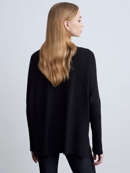 V Yaka Kaşmir Karışımlı Kazak-Siyah