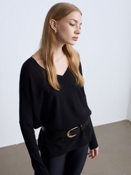 V Yaka Kaşmir Karışımlı Kazak-Siyah