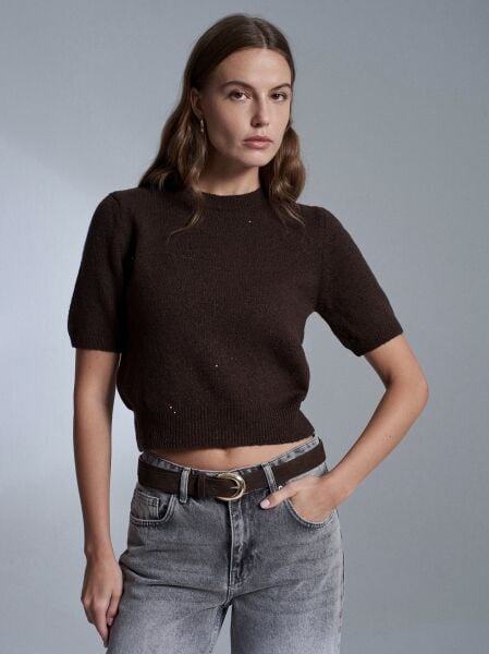 Parıltılı Kısa Kollu Kazak-Kahve