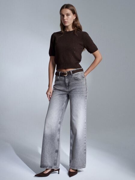 Parıltılı Kısa Kollu Kazak-Kahve