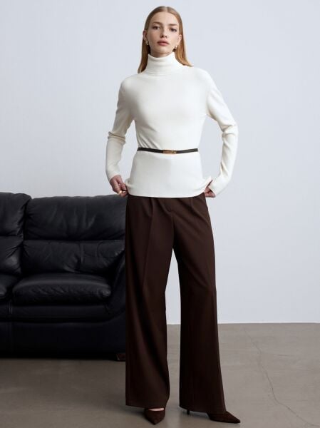 Kaşmir Karışımlı Kemerli Kazak-Ekru