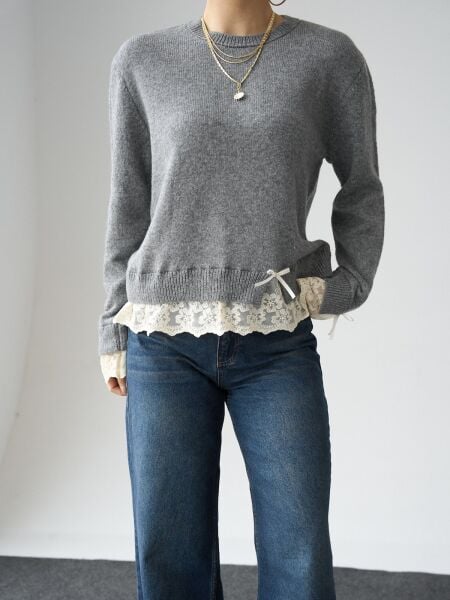 Kol ve etek ucu dantelli kazak -gri