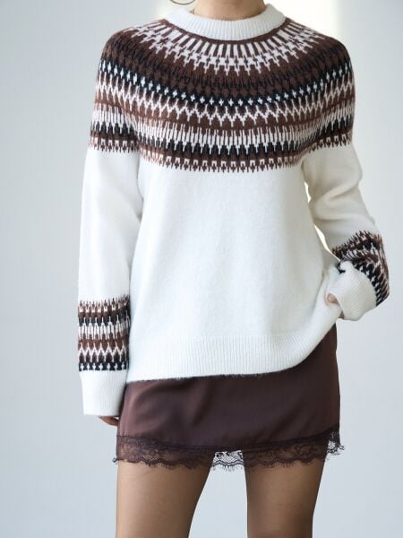 Uzun kollu jakarlı kazak kahve-ekru