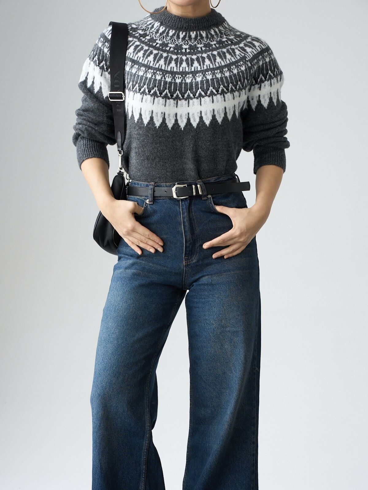 Uzun kollu jakarlı kazak kahve-ekru