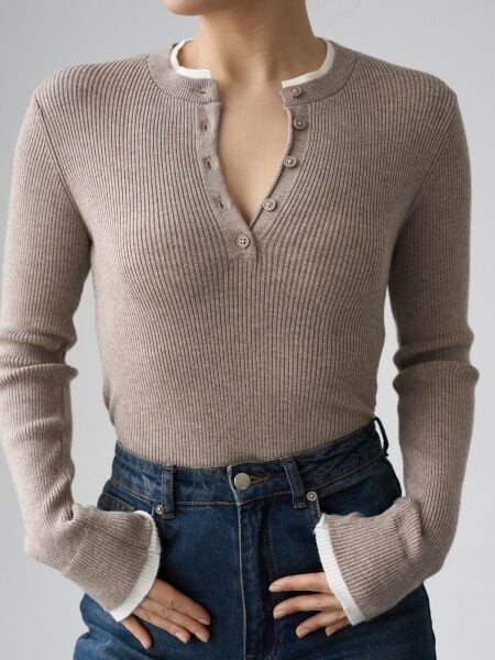 Vizon Çift Yaka Detaylı Düğmeli Triko