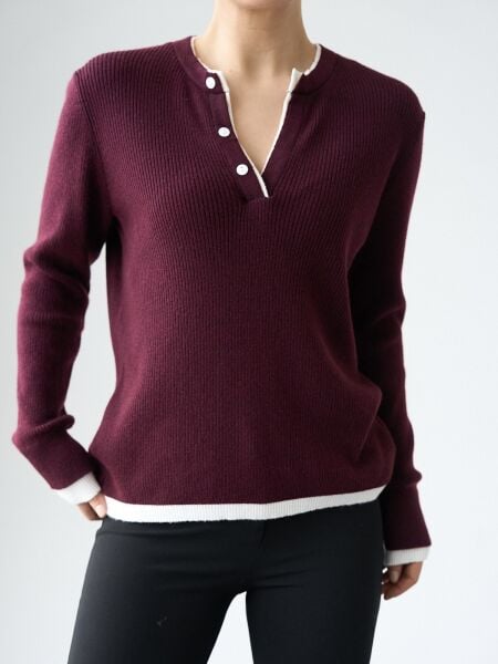 Patlı iki renkli kazak -bordo