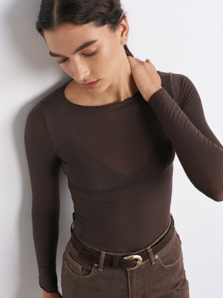 Kayık Yaka Modal Kaşmir Ultra Hafif Bluz-Kahve