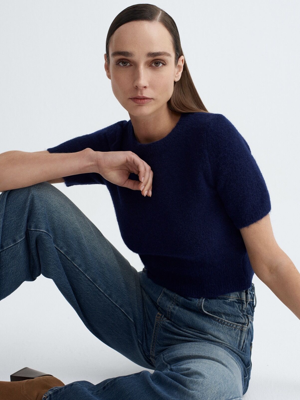 Yün Karışımlı Kısa Kollu Kazak-Lacivert