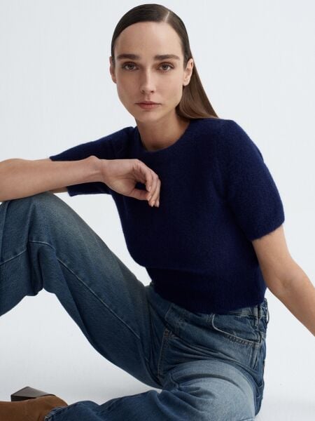 Yün Karışımlı Kısa Kollu Kazak-Lacivert