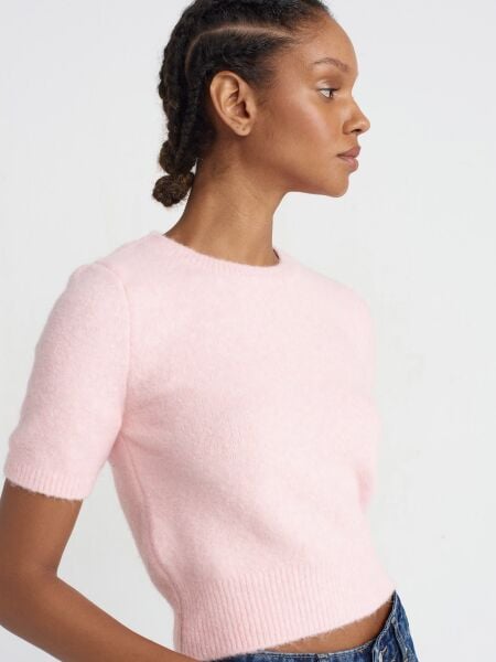 Yün Karışımlı Kısa Kollu Kazak-Pembe