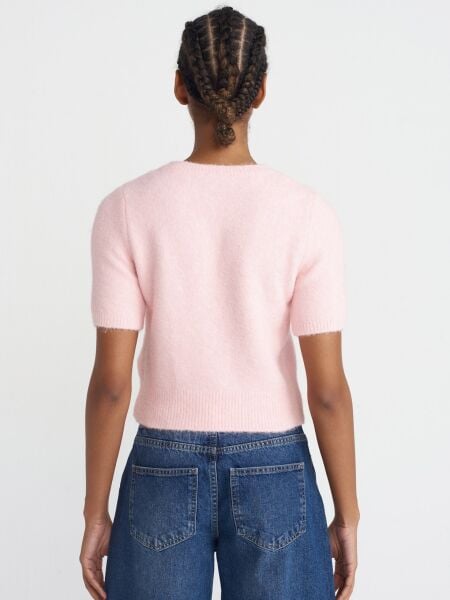 Yün Karışımlı Kısa Kollu Kazak-Pembe