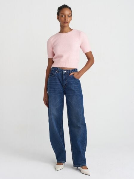 Yün Karışımlı Kısa Kollu Kazak-Pembe