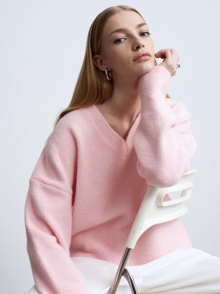 V Yaka Yün Karışımlı Kazak-Pembe