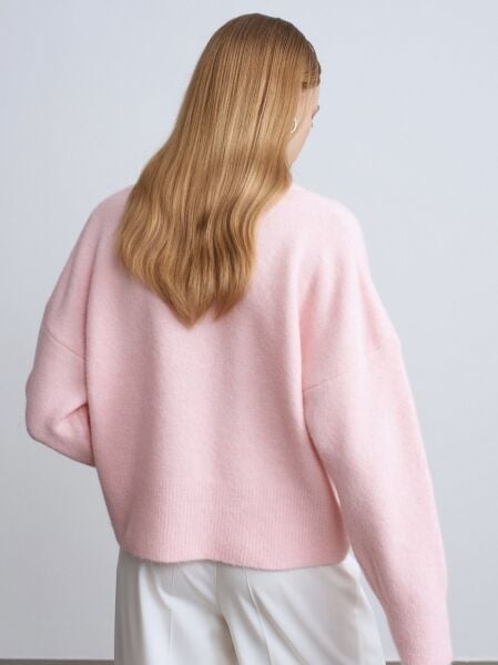 V Yaka Yün Karışımlı Kazak-Pembe