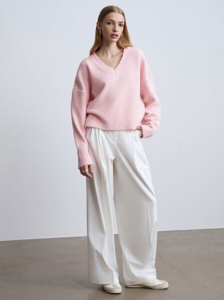 V Yaka Yün Karışımlı Kazak-Pembe