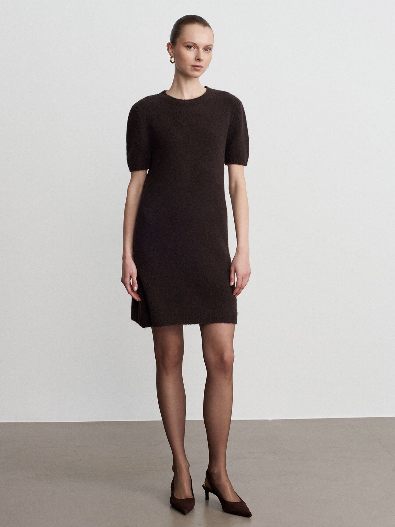 Bisiklet Yaka Yün Karışımlı Triko Elbise-Koyu Kahve