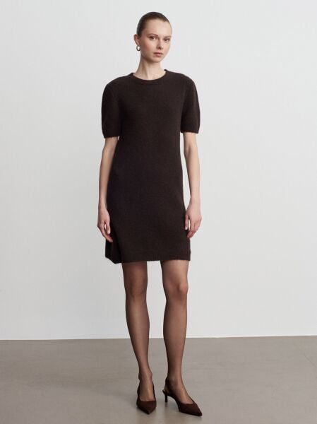 Bisiklet Yaka Yün Karışımlı Triko Elbise-Koyu Kahve
