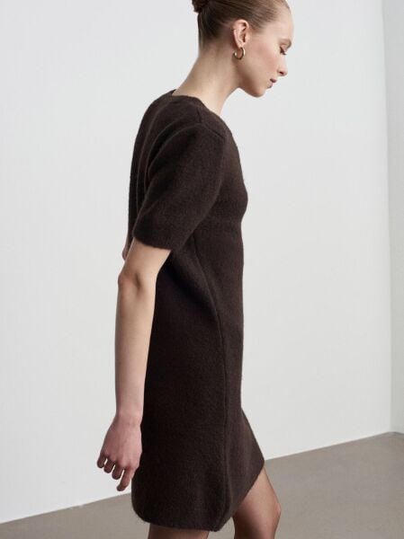 Bisiklet Yaka Yün Karışımlı Triko Elbise-Koyu Kahve